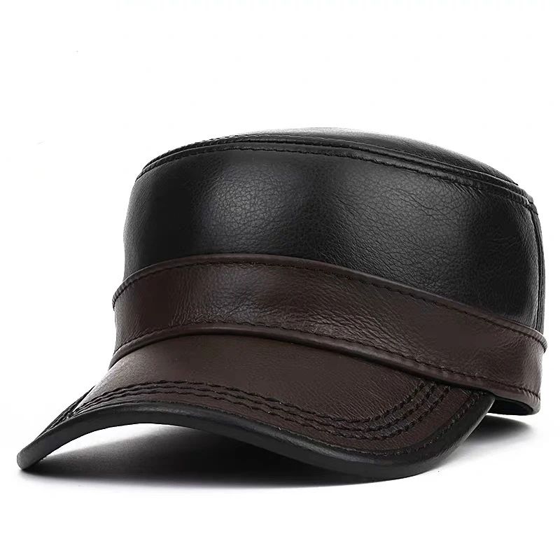 Genuine Leather Cap Men's Flat Caps Military Hat Elegant Man Baseball Cap British Vintage Cowhide Warm Hat Adjustable 55 60cm