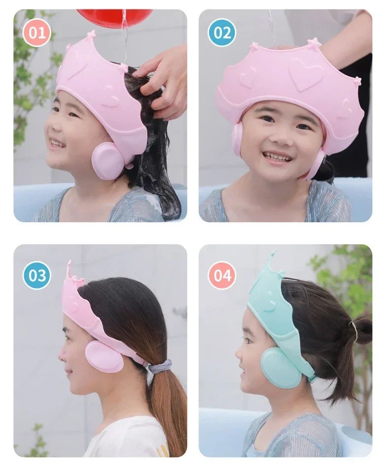 Chapéu de banho de borracha macia ajustável à prova d'água para bebês, proteção auricular infantil, xampu seguro para crianças, chapéu de bebê padrão coroa