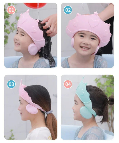 Chapéu de banho de borracha macia ajustável à prova d'água para bebês, proteção auricular infantil, xampu seguro para crianças, chapéu de bebê padrão coroa