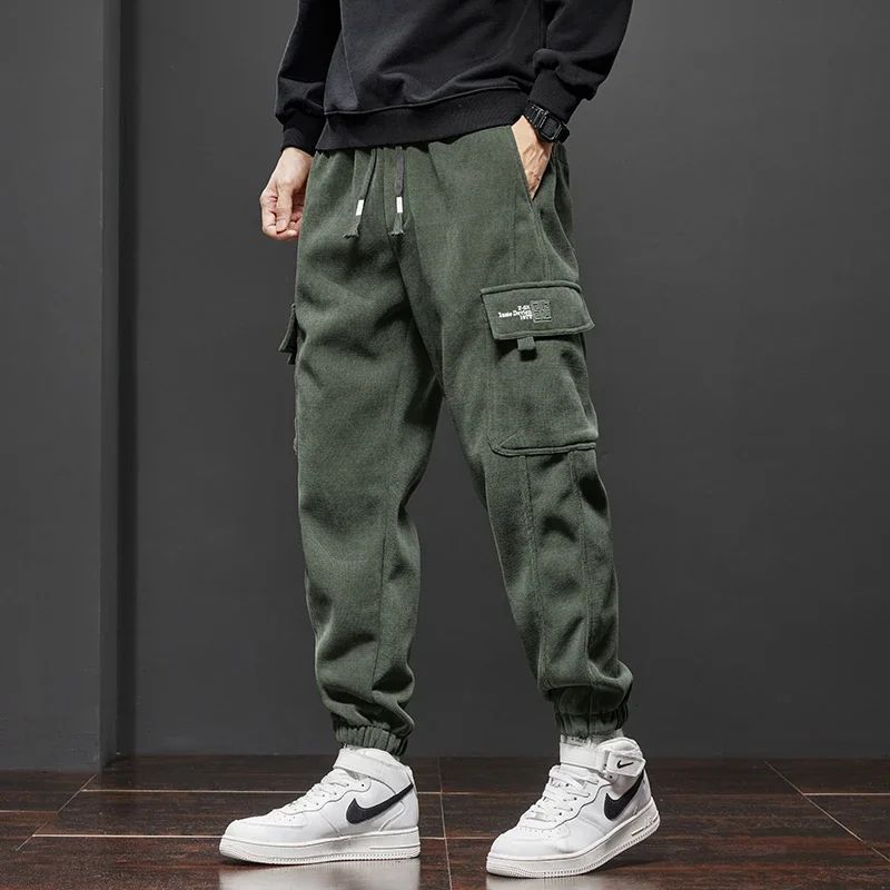 Men's Corduroy Harem Cargo Pants Elastic Waist Casual Joggers Sweatpants Spring Autumn Armygreen Gray Black Trousers Streetwear