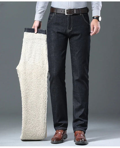 Calça Jeans Masculina de Inverno Forrada de Lã Grossa Sherpa Casual de Negócios Veludo Reta Masculina de Lã Pelúcia Clássica Elástica