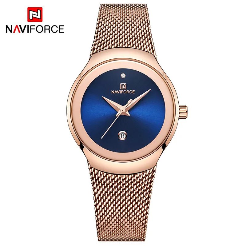 NAVIFORCE Luxury Green Analog Date Quartz Fashion Ladies Watches Mesh Steel Strap Waterproof Business Women Wristwatch Clocks