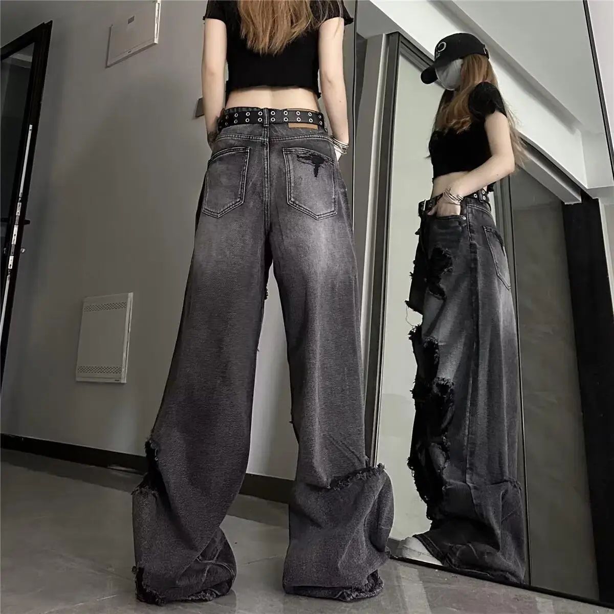 Unique Cool Ripped Jeans Women's Summer Distressed American Style Bell Bottoms Loose Fit Versatile Straight Leg Long Pants