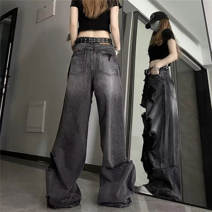 Unique Cool Ripped Jeans Women's Summer Distressed American Style Bell Bottoms Loose Fit Versatile Straight Leg Long Pants