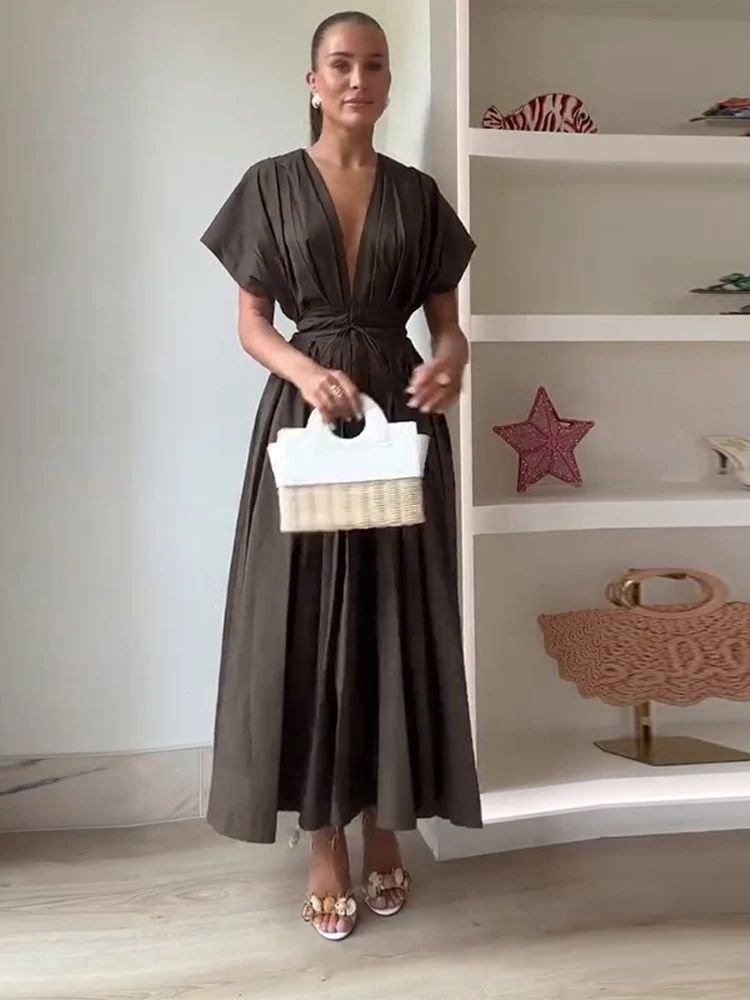 Summer Pleated A-line Midi Dress Women's Casual Lace Up Loose High Waist Solid R