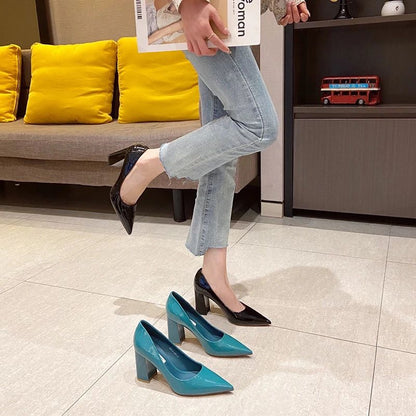 Women Shoes Patent Leather Slip-On Chunky Heels High Heels Women Temperament Pointed Toe Shallow Sexy Wedding Shoes Pumps