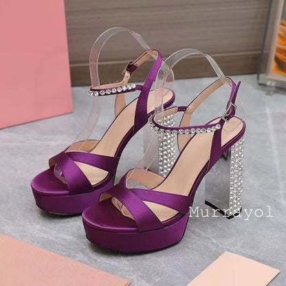 Women Open Toe Rhinestone High Heels Sandals Satin Waterproof Platform Sandalias Summer Party Dress Shoes Pumps Wedding Shoes