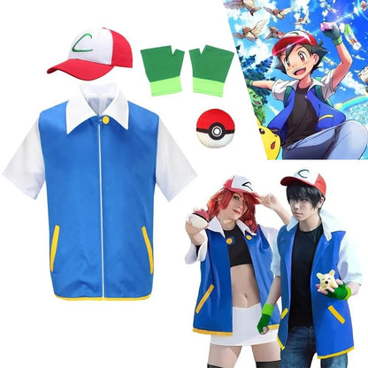Men Anime Trainer Cosplay Costume Boys Ash Ketchum Adult for Girls Halloween Women Disfraz Party Blue Jacket Cap and Gloves Sets
