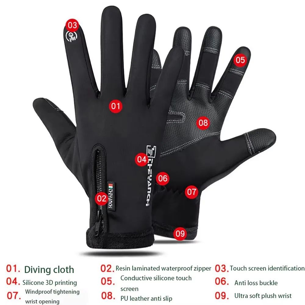 Luvas de Motocicleta Inverno Térmicas Forradas com Lã Inverno Pele Amigável Ciclismo Impermeável Antiderrapante Tela Sensível ao Toque Luva de Esqui Quente