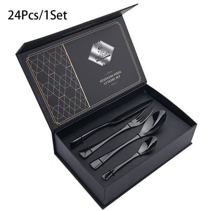 Conjunto de Talheres 24 Peças de Aço Inoxidável 304 Polido Faca Garfo Colher Jogo de Talheres de Cozinha Prata Caixa de Presente