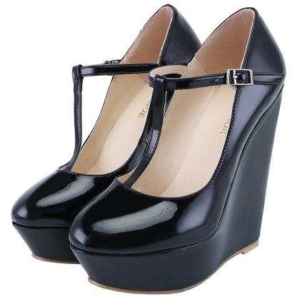 Women Pumps 2025 New Autumn Winter 14cm Round Toes Platform Wedge High Heels T-Strap Gladiator Ladies Dress Party Wedding Shoes
