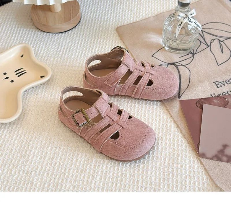 1-12Y Children's Sandals Toe Protect Boys Girls Summer New Candy Color Soft Sole Shoes Kids Casual Retro Flat Leather Sandals