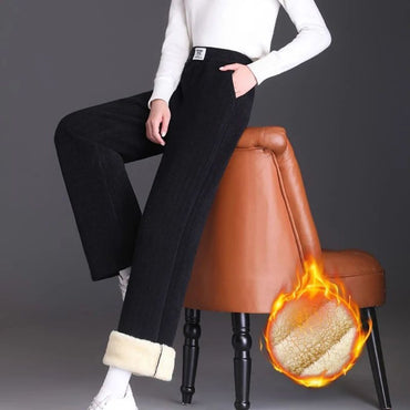 Winter Women Chic Straight Leg Thermal Fleece Pants Girls High Waist Plush Daily Trousers Lady Snow Warm Casual Thin Pants