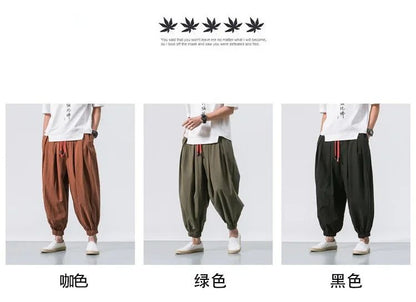 New Trendy Men Harem Pants Loose Oversized Style Cotton and Linen High Quality Jogger Sweatpants Casual Male Trousers