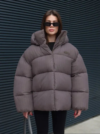 Women's Pinstripe Oversized Puffer Jacket Full Sleeve Detachable Hood Zipper Warm Coat 2025 Autumn Winter Female Casual Wear