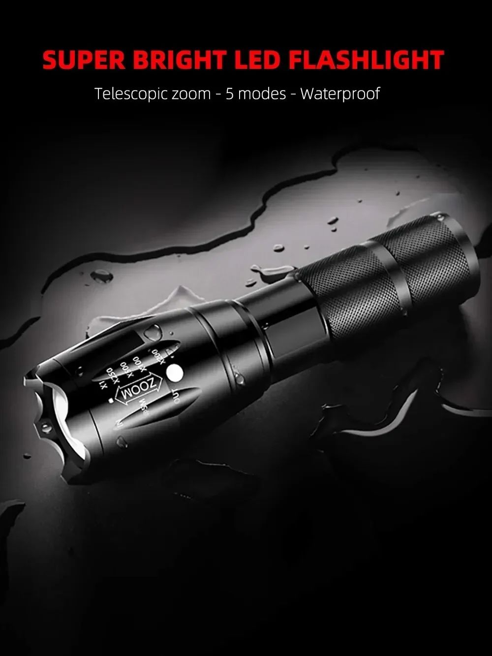 High Power T6 LED Flashlights Camping Torch 5 Light Modes Zoom Light Aluminum Alloys Waterproof Material External 18650 Battery