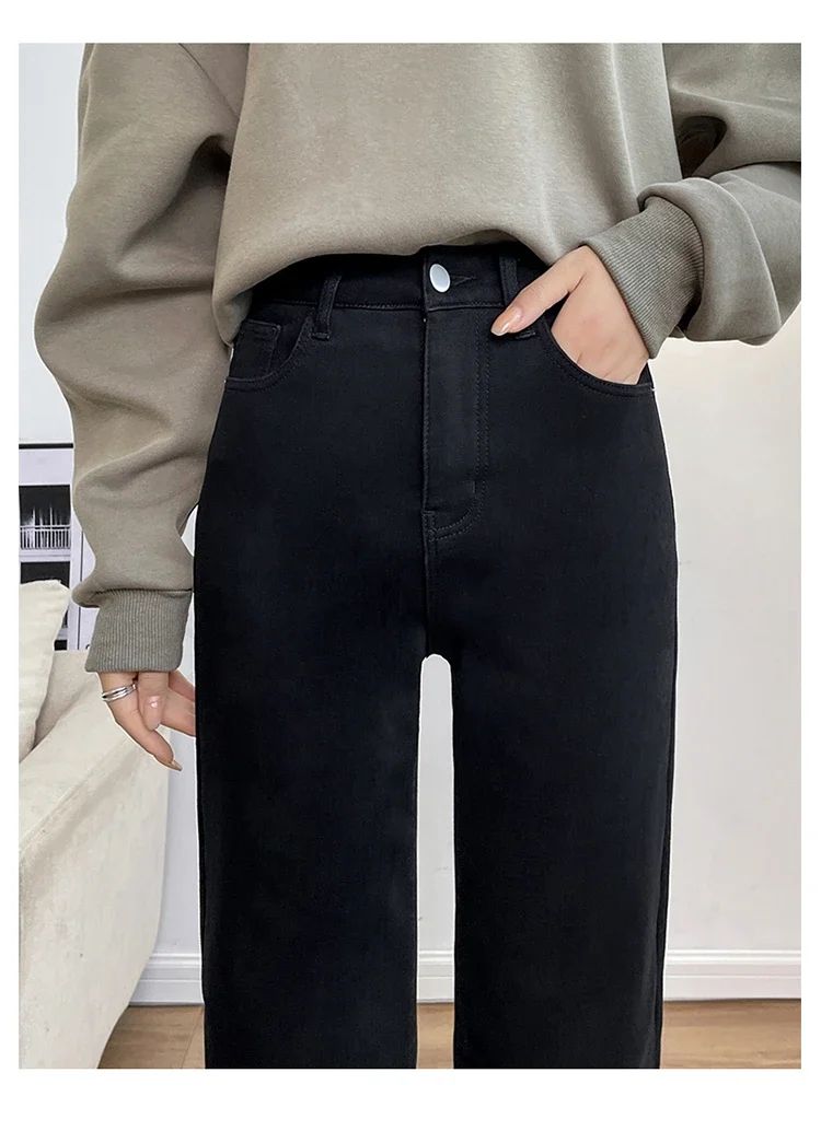 Winter Thickened Women's Mink Velvet Jeans Loose Straight Warm Soft Fleece Fashion Elastic High Waist Female Pants Black Blue