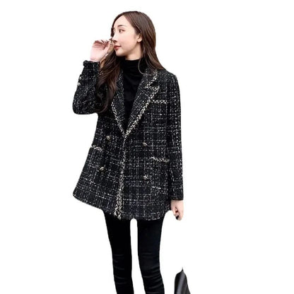 Thickened Cotton Tweed Coat for Women Spring Loose Plaid Outerwear Cozy Style Large Size Patchwork Small Suiting