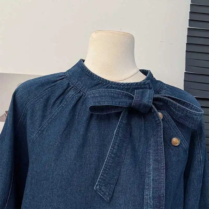 French Vintage Butterfly Knot Belted Bubble Sleeve Shirt Women Spring 2025 New Fashion Ageless Loose Stand Collar Top