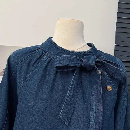 French Vintage Butterfly Knot Belted Bubble Sleeve Shirt Women Spring 2025 New Fashion Ageless Loose Stand Collar Top