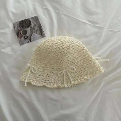 Chapéu de Sol Coreano com Laço de Primavera e Verão, Chapéu Bucket Doce da Moda, Chapéu de Sol Feminino de Palha de Cor Sólida de Malha Respirável para Exteriores