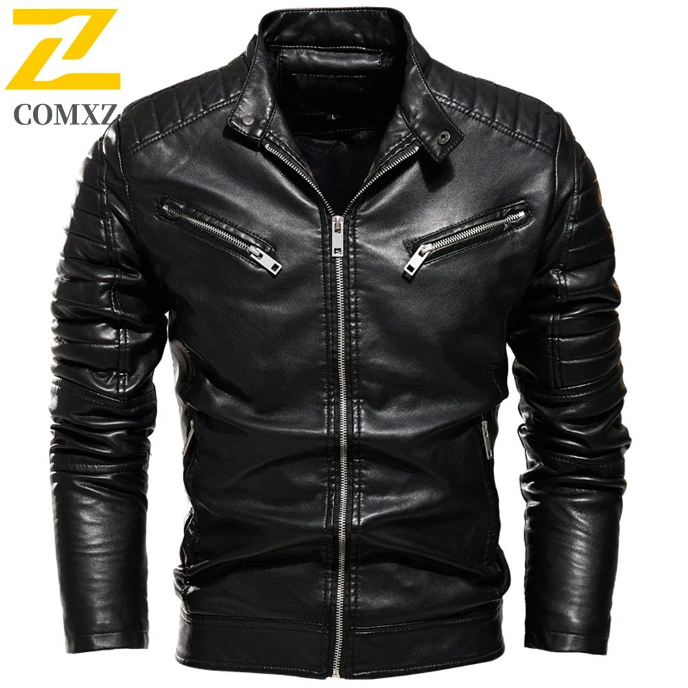 Men Yellow PU Leather Jacket Patchwork Biker Jackets  Casual Zipper Coat Male Motorcycle Jacket Slim Fit Fur Lined Outwear Coat