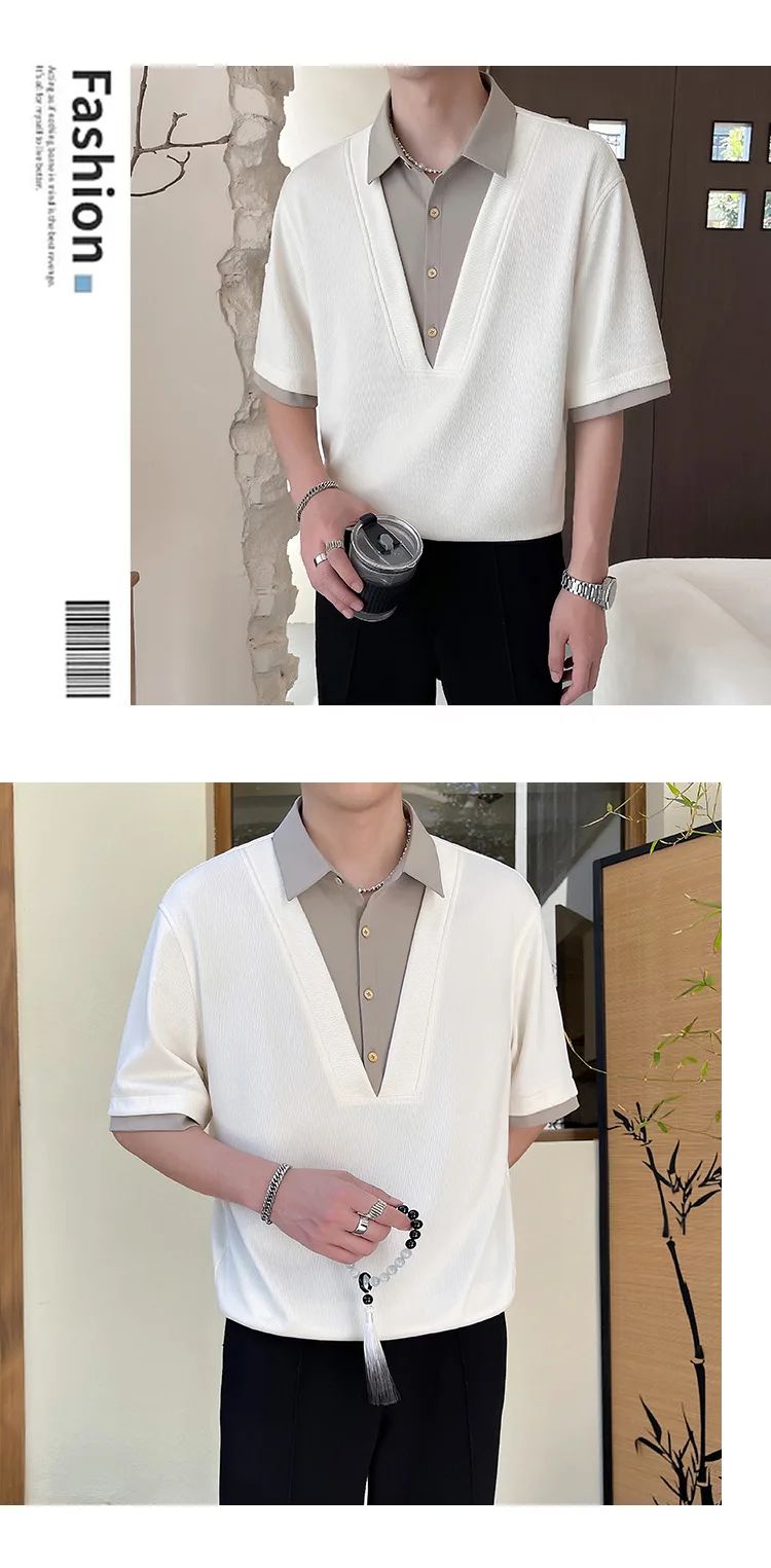 2025 summer new men's fake two-piece shirt, men's clothing, trendy brand, casual, high-end short-sleeved polo shirt