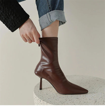 2024 New Autumn Winter Pointed Toe Women Ankle Boots Fashion Zipper Shoes Thin High Heel Women's Morder Short Booties D214
