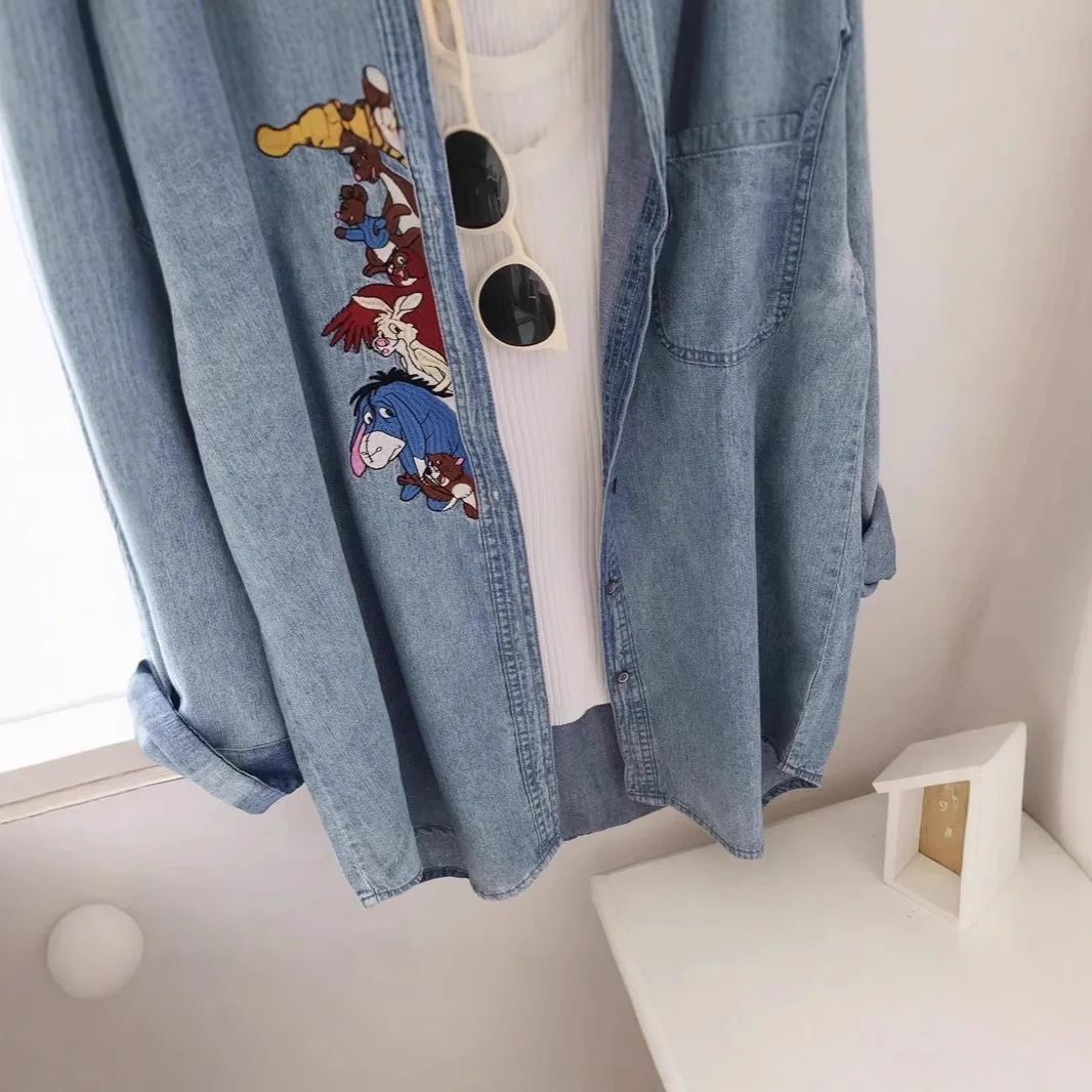 Plus Size 300 Pounds Fat MM Cartoon Embroidery Washed Denim Polo Collar Loose Meat Covering Women's Shirt Autumn Outerwear