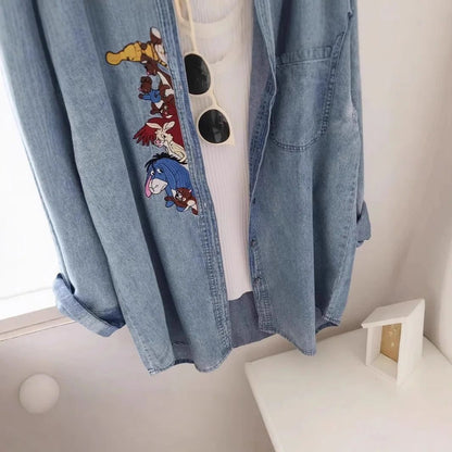 Plus Size 300 Pounds Fat MM Cartoon Embroidery Washed Denim Polo Collar Loose Meat Covering Women's Shirt Autumn Outerwear