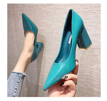Women Shoes Patent Leather Slip-On Chunky Heels High Heels Women Temperament Pointed Toe Shallow Sexy Wedding Shoes Pumps