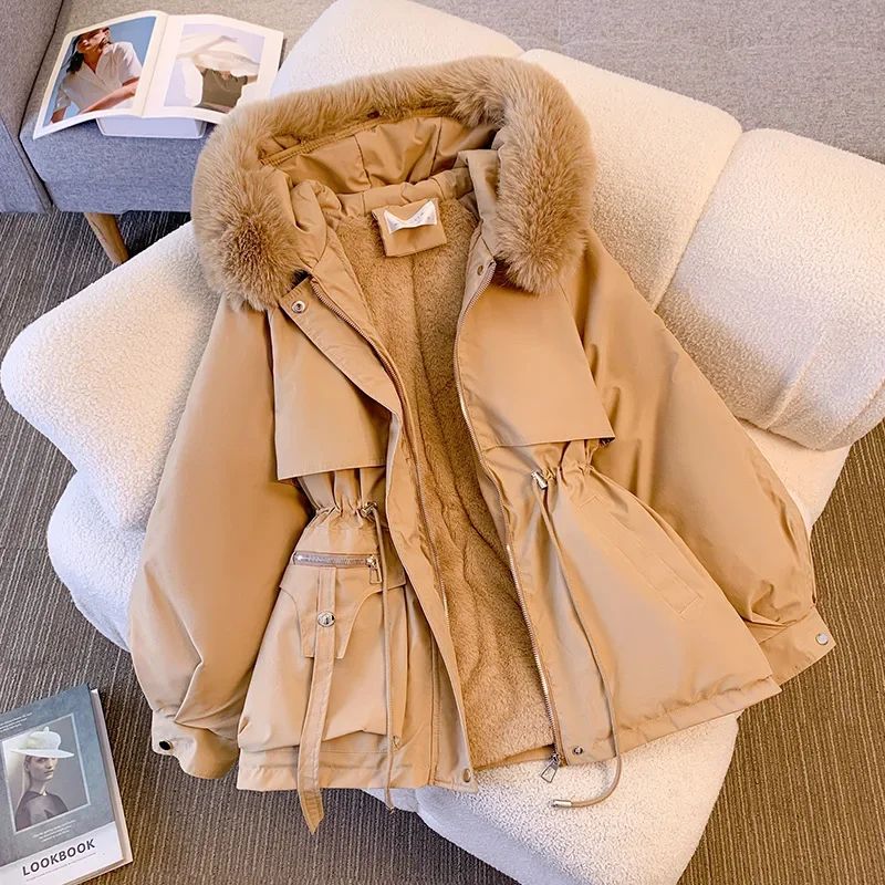 New Women's Cotton-Padded Plush Warm Coat 2024 Autumn Winter Parkas Coat Women's Long Sleeve Zipper Hooded Drawstring Parkas