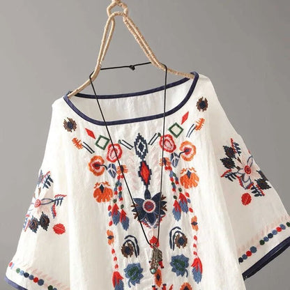 Luxury Embroidery Floral Tees Women Chinese Style Classic Loose Shirts Casual Vintage O Neck Short Sleeve Summer Blouse Tops
