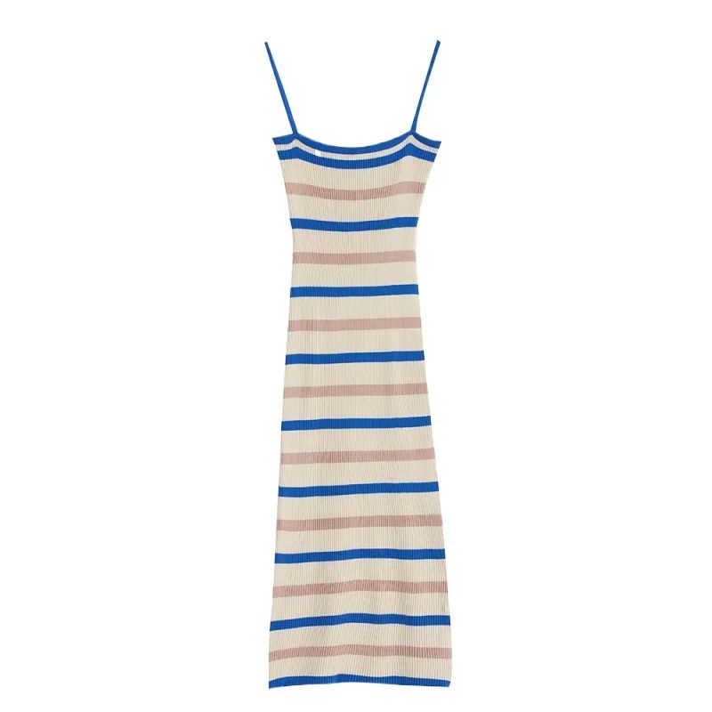 Elegant Camisole Dress Women's Summer New Sleeveless Slim Knitted Striped Midi D