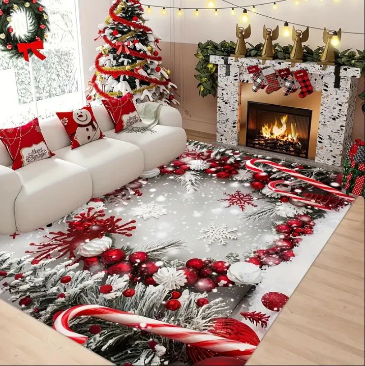 1PCS Christmas Snowflake Area Mat Red with Gold and White Snowflakes  Living Room Bedroom Decoration Holiday Home Decoration