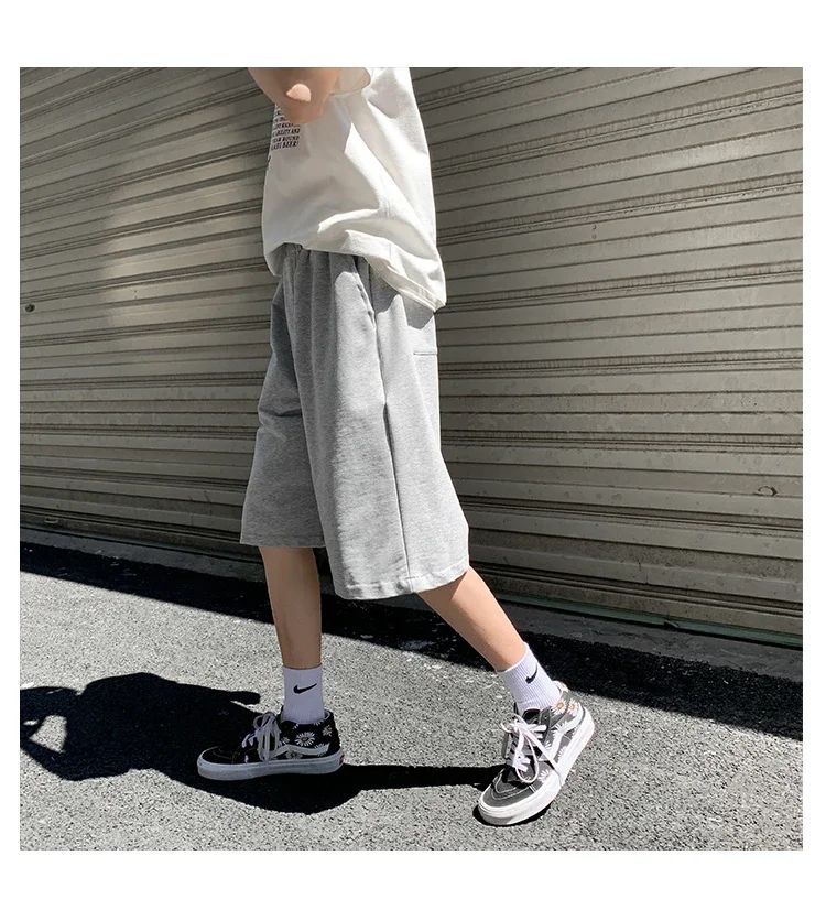 Summer New Y2K Solid Color Cotton Loose Men's Sports Pants Shorts Street Wear Simple Drawstring Straight Casual Shorts Male
