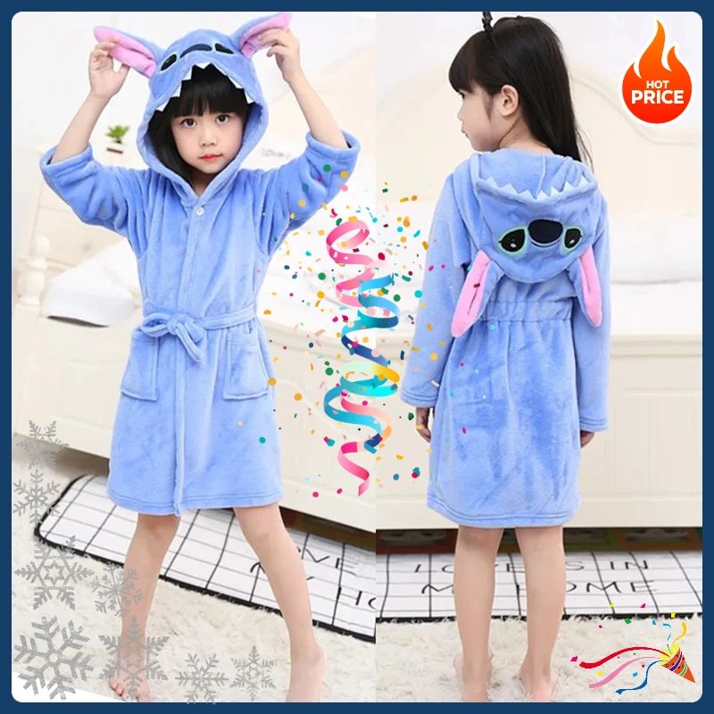 Roupão Disney Stitch Infantil Menina Pijama 3 4 5 6 7 Anos Azul Flanela Inverno Crianças Pijama Meninos Robe