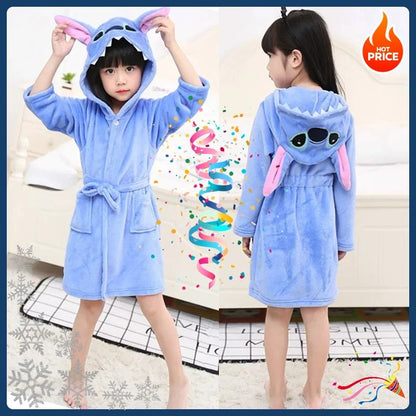 Roupão Disney Stitch Infantil Menina Pijama 3 4 5 6 7 Anos Azul Flanela Inverno Crianças Pijama Meninos Robe