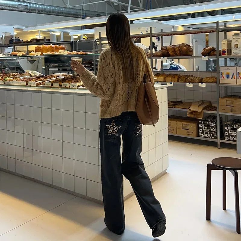 Spanish Fashion ONE DILEMMA Five-pointed Star Pattern Rivet Decorative Black Jeans Women's Autumn Multiple Light Blue Jeans