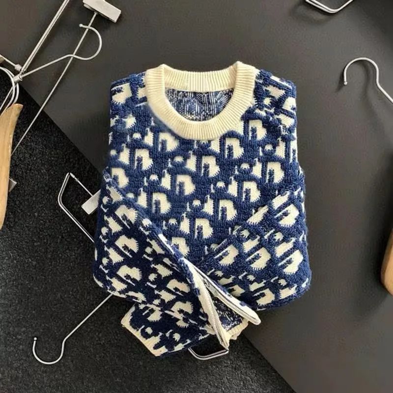 Autumn Winter CD Letter Full Print Embroidery Men's round Neck Knitted Wool Sweater Casual Long Sleeve Sweatshirt