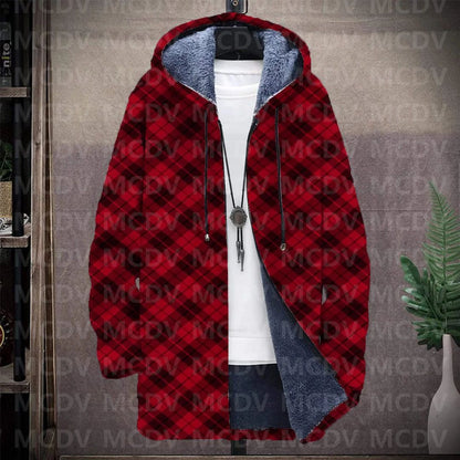 Men's Retro Print Plush Thick Long-Sleeved Coat Cardigan Christmas Grid Art 3D Prined Fleece  Overcoat Unisex Thick Warm Jacket