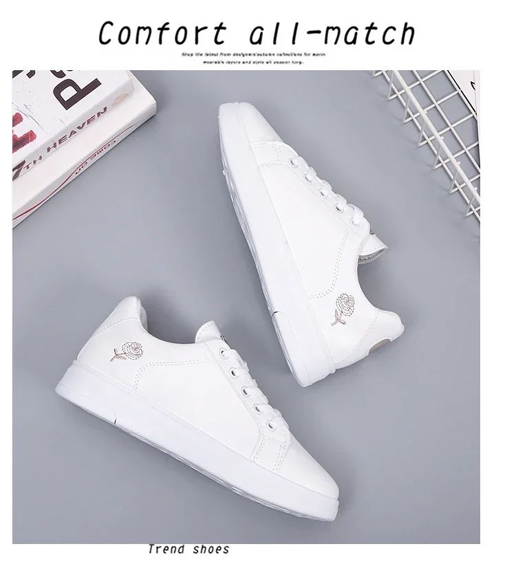 Women Leather Pu Casual Shoes New 2024 Woman Shoes Fashion Embroidered White Sneakers Breathable Flower Lace-Up Women Sneakers