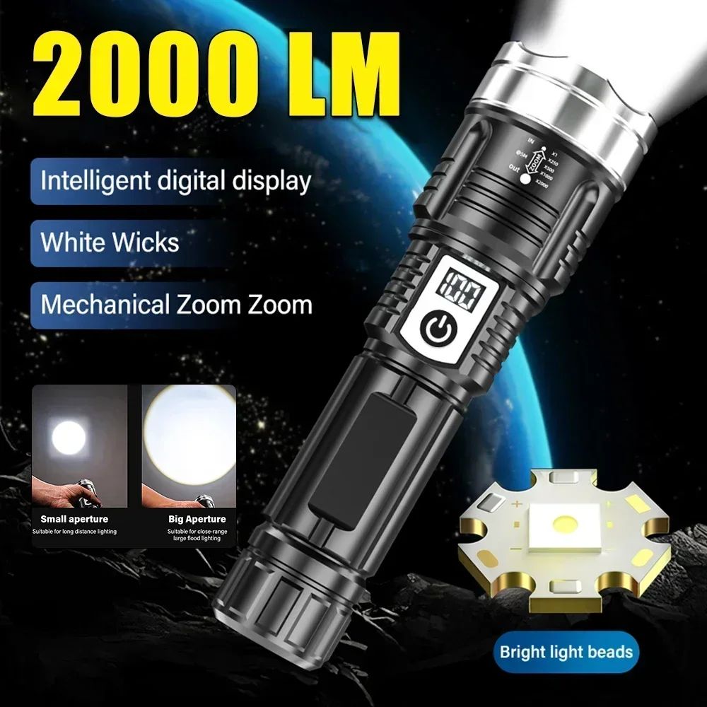 High Power White Laser LED Flashlight Built-in Battery USB Rechargeable Strong Light Tactical Torch Outdoor Camping Hiking Lamp