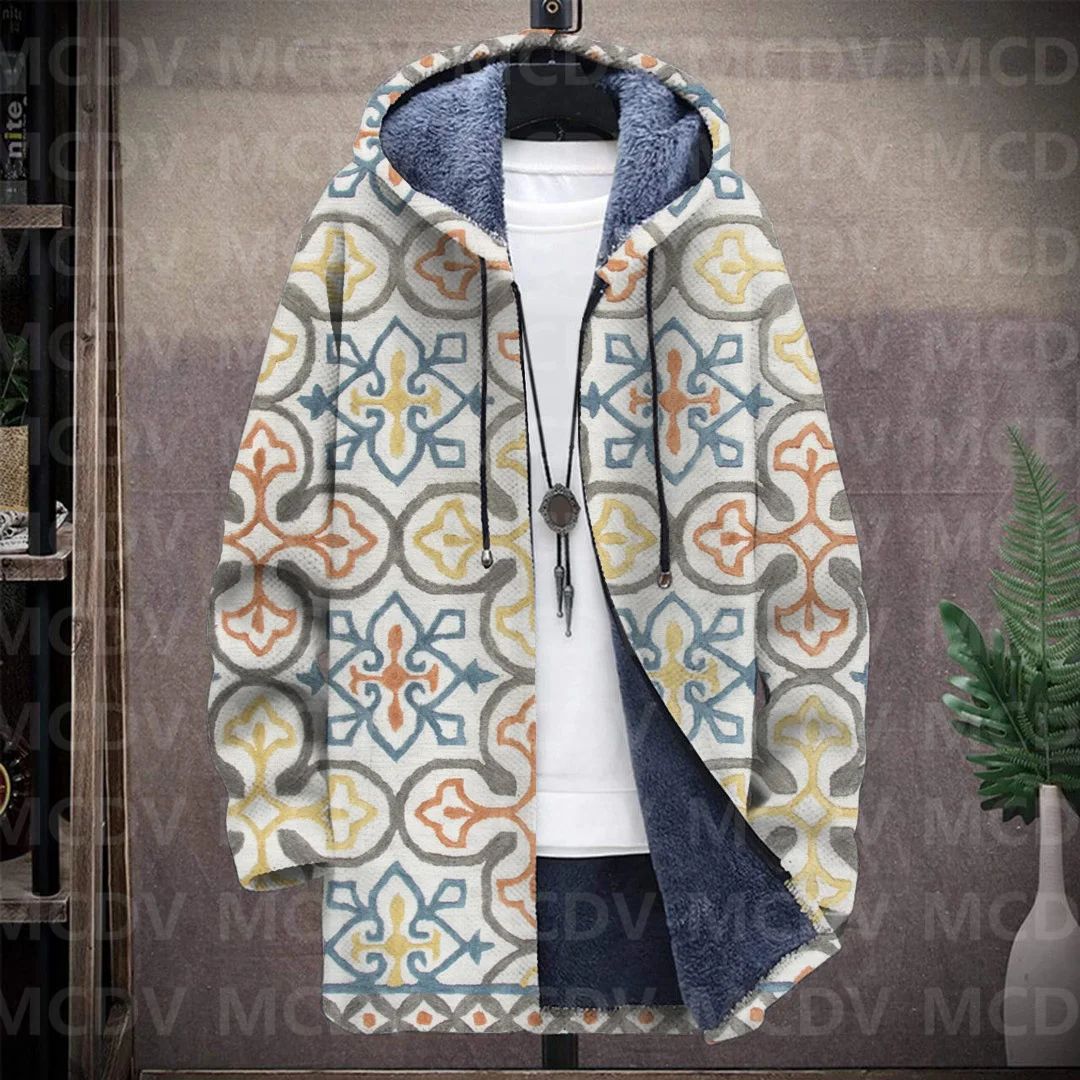 Men's Retro Flower Print Plush Thick Long-Sleeved Coat Fleece Hooded Overcoat Unisex Thick Warm Jacket-12 style