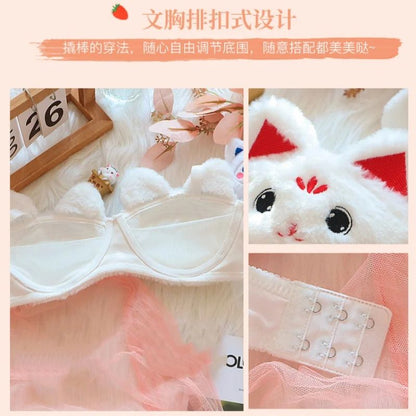 Um Lindo Sutiã de Inverno de Pelúcia Estilo Japonês com Um Coelho e Um Urso, Sem Aro