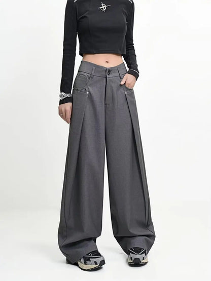 American Style High Waist Draped Suit Pants Women's Spring Autumn Loose Trendy Versatile Wide Leg Casual Floor Length Straight L