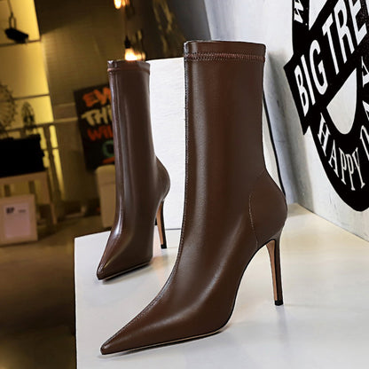 Women 7.5cm 10cm High Heels Leather Boots Lady Low Heels Short Ankle Boots Stripper Winter Warm Snow Plush Pointed Toe Shoes