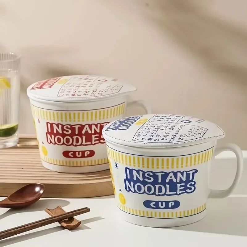 1pc Large Capacity Ceramic Instant Noodle Bowl with Cover?Perfect for Dorms and Home Kitchens - Keep Your Noodles Fresh and Warm