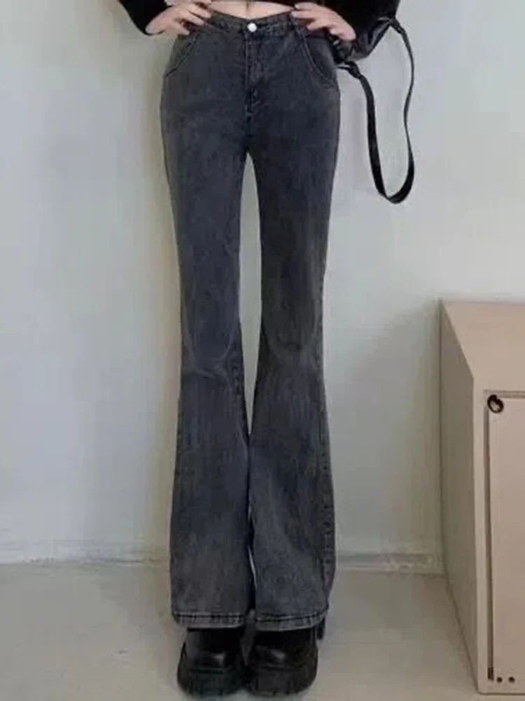 Women Korean Flare Jeans Girls High Waist Elastic Boot Cut Pants Lady Vintage Blue Black Gray Brown Denim Bell Bottom Trousers
