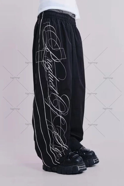 Gótico Maré Harajuku Letras Bordadas Calças Casuais da Moda Masculino Y2k Americano Hip-hop Rock Oversized Calças de Perna Larga Calças Femininas